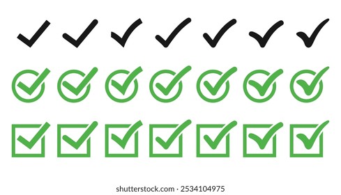 Marque ou marque os ícones. Verificar conjunto de símbolos isolados. conjunto de marcação preta ou marcação de ícones. símbolo, sinal, sim, direita, caixa de seleção, marcação correta, aceitar marca de seleção, ícones de caixa de verificação.