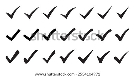 Check or tick icons set. Check symbol isolated bundle. set of black check or tick icons mark. symbol, sign, yes, right, check box, correct mark, accept checkmark, tick box icons.
