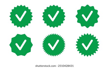 Check tick mark, Approved icon on wavy edge green circle sticker. Star burst shape tag, official account. Verify isolated icon stamp. . Vector illustration