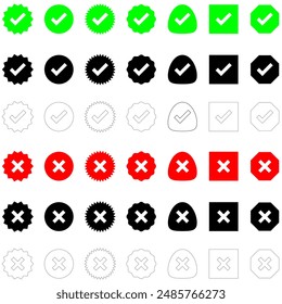 Marca de verificación o marca de graduación y cruz Icono en Color, Negro y Negro trazo con un centro de cobertura aislado en blanco