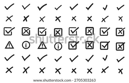 Check tick mark, Cross, Warning, Info Icon Set – Cross box x check mark checkbox Grunge Brush Stroke. Vote, yes, no, right, wrong Hand drawn doodle sketch style vector illustration