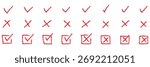 Check tick mark icon set. Cross box x check mark checkbox v list vector draw hand drawn sketch doodle brush marker checklist symbol wrong right circle. Vector Illustration