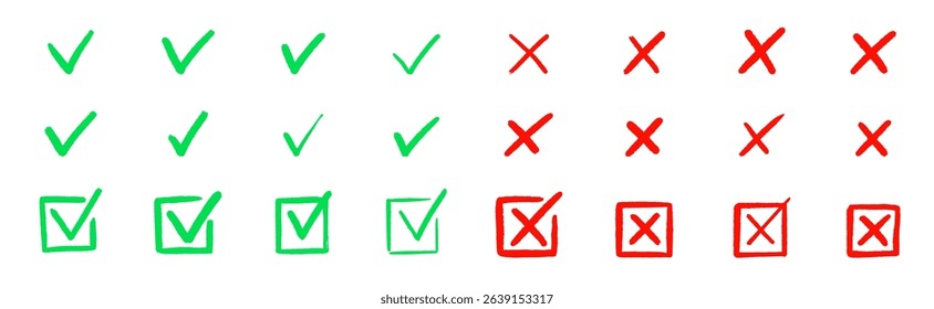 Check tick mark icon set. Cross box x check mark checkbox v list vector draw hand drawn sketch doodle brush marker checklist symbol wrong right circle. Vector Illustration