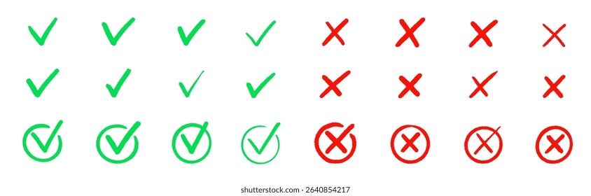 Check tick mark icon set. Cross box x check mark checkbox v list vector draw hand drawn sketch doodle brush marker checklist symbol wrong right circle. Vector Illustration