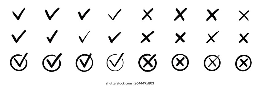 Check tick mark icon set. Cross box x check mark checkbox v list vector draw hand drawn sketch doodle brush marker checklist symbol wrong right circle. Vector Illustration