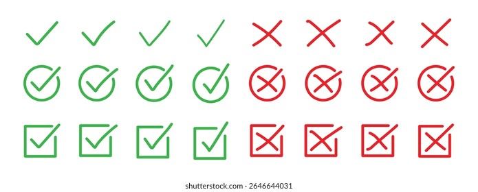 Marque o conjunto de ícones de marca de escala. Marcação x caixa de seleção v lista vetor mão desenhado esboço doodle marcador. Símbolo de lista de verificação incorreto, círculo e retângulo à direita. Ilustração de vetor.