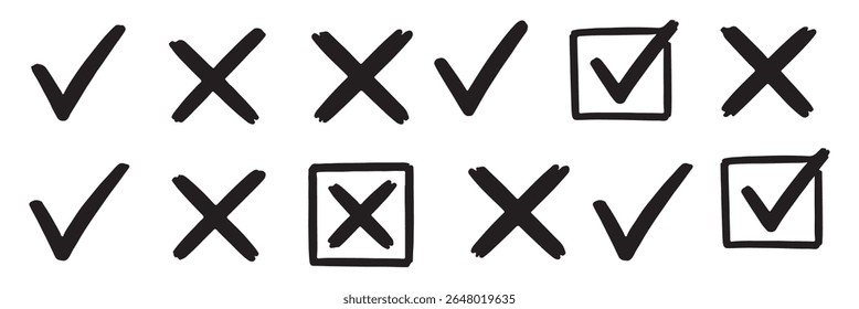 Marque o conjunto de ícones de marca de escala. Caixa de seleção x marca de seleção caixa de seleção v lista vetor desenhar desenho à mão esboço rabiscar pincel marcador lista símbolo círculo direito errado. Ilustração de vetor