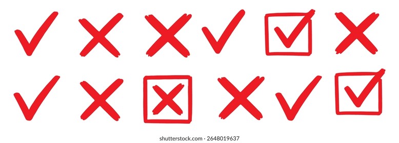 Marque o conjunto de ícones de marca de escala. Caixa de seleção x marca de seleção caixa de seleção v lista vetor desenhar desenho à mão esboço rabiscar pincel marcador lista símbolo círculo direito errado. Ilustração de vetor