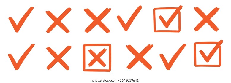 Marque o conjunto de ícones de marca de escala. Caixa de seleção x marca de seleção caixa de seleção v lista vetor desenhar desenho à mão esboço rabiscar pincel marcador lista símbolo círculo direito errado. Ilustração de vetor