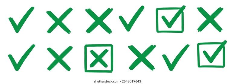 Marque o conjunto de ícones de marca de escala. Caixa de seleção x marca de seleção caixa de seleção v lista vetor desenhar desenho à mão esboço rabiscar pincel marcador lista símbolo círculo direito errado. Ilustração de vetor