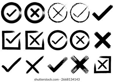 Check tick mark icon set. Cross box x check mark checkbox v list vector draw hand drawn sketch doodle brush marker checklist symbol wrong right circle. Hand drawn check tick mark icon set. x marks eps