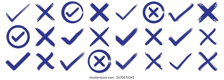 Check tick mark icon set. Cross box x check mark checkbox v list vector draw hand drawn sketch doodle brush marker checklist symbol wrong right circle. Grunge brush stroke checkmarks. eps 10
