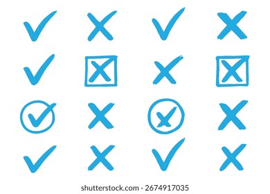 Compruebe el conjunto de iconos de marca de verificación. Caja cruzada x marca de verificación Casilla de verificación v lista Vector dibujar dibujo dibujado a mano doodle pincel marcador checklist symbol wrong right circle. Ilustración vectorial 