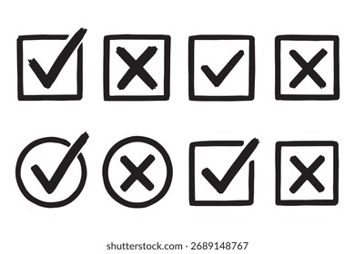 Check tick mark icon set. Cross box x check mark checkbox v list vector draw hand drawn sketch doodle brush marker checklist symbol wrong right circle. Vector Illustration
