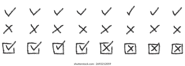 Compruebe el conjunto de iconos de marca de verificación. Caja cruzada x marca de verificación Casilla de verificación v lista Vector dibujar dibujo dibujado a mano doodle pincel marcador checklist symbol wrong right circle. Ilustración vectorial