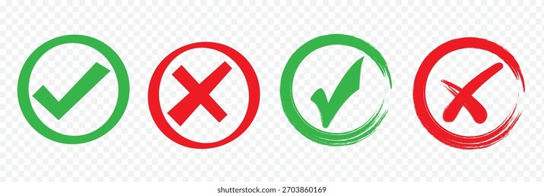 Marque o conjunto de ícones de marca de escala. Caixa de seleção x marca de seleção caixa de seleção v lista vetor desenhar desenho à mão esboço rabiscar pincel marcador lista símbolo círculo direito errado. Ilustração de vetor. EPS vermelho, verde, preto