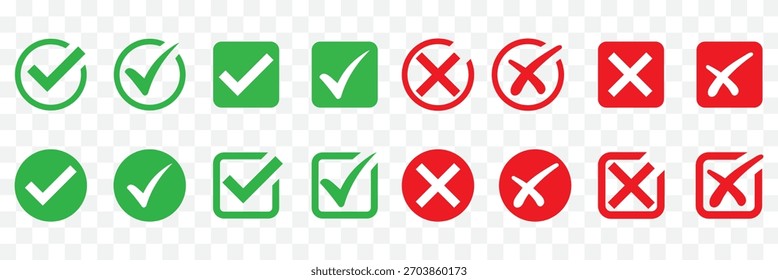 Check tick mark icon set. Cross box x check mark checkbox v list vector draw hand drawn sketch doodle brush marker checklist symbol wrong right circle. Vector Illustration. Red, Green, Black color EPS