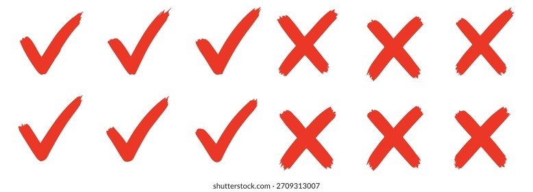 Check tick mark icon set. Cross box x check mark checkbox v list vector draw hand drawn sketch doodle brush marker checklist symbol wrong right circle. Vector Illustration