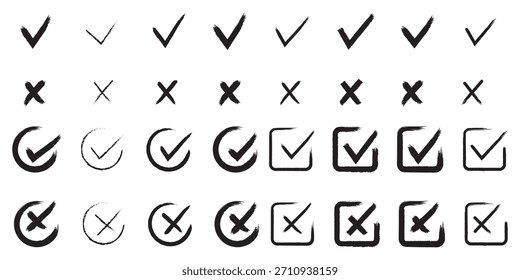 Compruebe el conjunto de iconos de marca de verificación. Caja cruzada x marca de verificación Casilla de verificación v lista Vector dibujar dibujo dibujado a mano doodle pincel marcador checklist symbol wrong right circle. Ilustración vectorial 