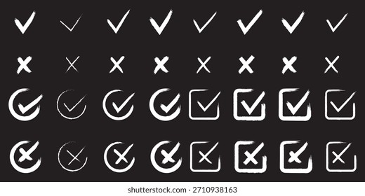 Compruebe el conjunto de iconos de marca de verificación. Caja cruzada x marca de verificación Casilla de verificación v lista Vector dibujar dibujo dibujado a mano doodle pincel marcador checklist symbol wrong right circle. Ilustración vectorial 