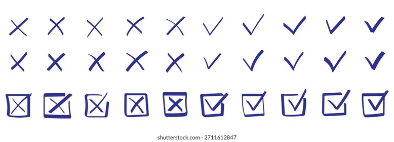 Check tick mark icon set, hand drawn doodle red cross box x check mark green checkbox v, sketch marker checklist symbol right and wrong set - stock vector