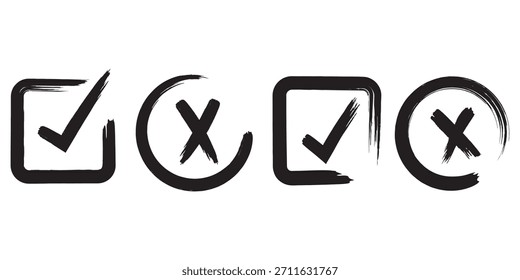 Marque o conjunto de ícones de marca de escala. Caixa de seleção x marca de seleção caixa de seleção v lista vetor desenhar desenho à mão esboço rabiscar pincel marcador lista símbolo círculo direito errado. Ilustração de vetor