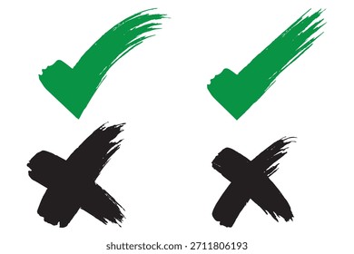Compruebe el conjunto de iconos de marca de verificación. Caja cruzada x marca de verificación Casilla de verificación v lista Vector dibujar dibujo dibujado a mano doodle pincel marcador checklist symbol wrong right circle. Vector