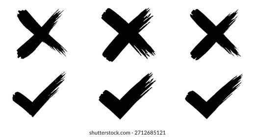 Compruebe el conjunto de iconos de marca de verificación. Caja cruzada x marca de verificación Casilla de verificación v lista Vector dibujar dibujo dibujado a mano doodle pincel marcador checklist symbol wrong right circle. Ilustración vectorial. dibujado a mano signo V y X. 