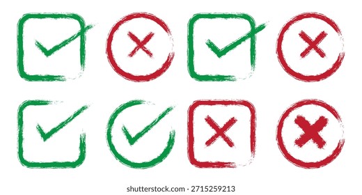  Check tick mark icon set. Cross box x check mark checkbox v list vector draw hand drawn sketch doodle brush marker checklist symbol wrong right circle. Green 