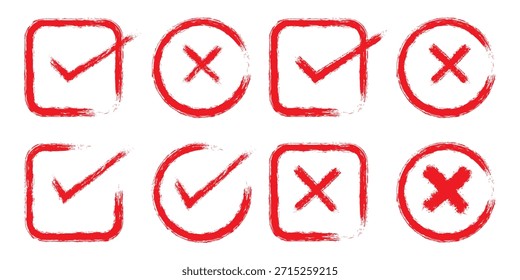  Compruebe el conjunto de iconos de marca de verificación. Caja cruzada x marca de verificación Casilla de verificación v lista Vector dibujar dibujo dibujado a mano doodle pincel marcador checklist symbol wrong right circle. Verde 