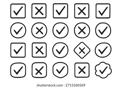 Marque o conjunto de ícones de marca de escala. Caixa de seleção x marca de seleção caixa de seleção v lista vetor desenhar à mão desenhado pincel marcador lista símbolo errado direito Caixas quadradas. Ilustração de vetor 