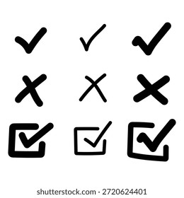 Compruebe el conjunto de iconos de marca de verificación. Caja cruzada x marca de verificación Casilla de verificación v lista Vector dibujar dibujado a mano bosquejo doodle pincel marcador checklist symbol wrong right circle. ... 