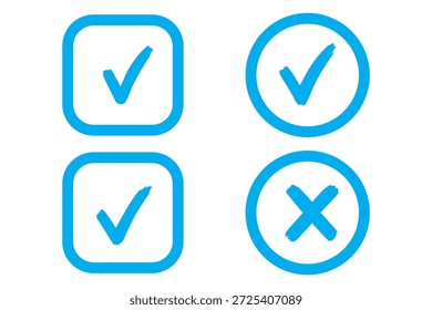 Compruebe el conjunto de iconos de marca de verificación. Caja cruzada x marca de verificación Casilla de verificación v lista Vector dibujar dibujo dibujado a mano doodle pincel marcador checklist symbol wrong right circle. Ilustración vectorial
