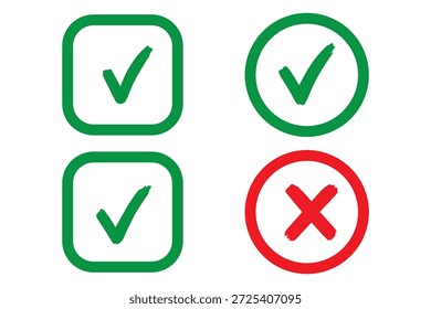 Marque o conjunto de ícones de marca de escala. Caixa de seleção x marca de seleção caixa de seleção v lista vetor desenhar desenho à mão esboço rabiscar pincel marcador lista símbolo círculo direito errado. Ilustração de vetor