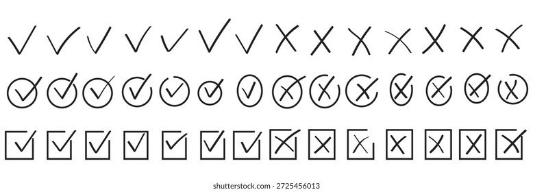 Häkchensymbolsatz aktivieren. Cross box x check mark checkbox list vektor zeichnen handgezeichnete skizze doodle pinsel marker checklist symbol falsch rechts kreis. handgezeichnet, farbiges X-Zeichen. handgezeichnete Teilstrichmarke