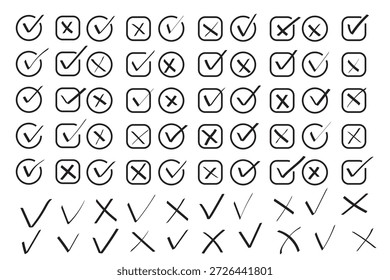 Marque o conjunto de ícones de marca de escala. Caixa de seleção x marca de seleção caixa de seleção v lista vetor desenhar à mão desenhado pincel marcador lista símbolo errado direito Caixas quadradas. Ilustração de vetor
