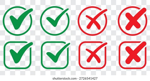 Compruebe el conjunto de iconos de marca de verificación. Caja cruzada x marca de verificación Casilla de verificación v lista Vector dibujar dibujo dibujado a mano doodle pincel marcador checklist symbol wrong right circle. Ilustración vectorial. Rojo, verde, negro color EPS