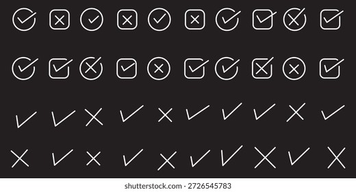 Häkchensymbolsatz aktivieren. Cross box x check mark checkbox v list vektor zeichnen handgezeichnete skizze doodle pinsel marker checklist symbol falsch rechts kreis. Vektorgrafik
