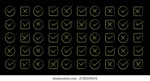 Compruebe el conjunto de iconos de marca de verificación. Caja cruzada x marca de verificación Lista de Casillas de verificación Vector dibujado a mano boceto dibujado doodle brush marker checklist symbol wrong right circle. dibujado a mano, grunge X sign. Ilustración vectorial.
