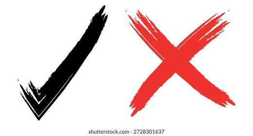 Compruebe el conjunto de iconos de marca de verificación. Cruz caja x marca de verificación lista de Casilla de verificación Vector dibujado a mano boceto doodle pincel marcador lista de verificación símbolo incorrecto círculo derecho. dibujado a mano, grunge X signo. dibujado a mano marca de verificación.