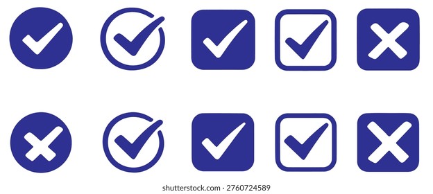 Check tick mark icon set. Cross box x check mark checkbox v list vector draw hand drawn sketch doodle brush marker checklist symbol wrong right circle. Vector Illustration
