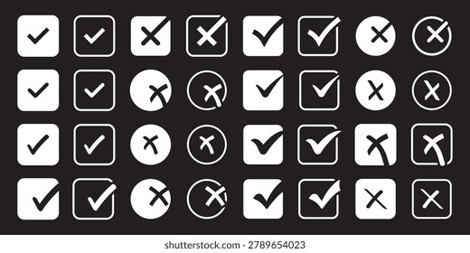 Check tick mark icon set. Cross box x check mark checkbox v list vector draw hand drawn sketch doodle brush marker checklist symbol wrong right circle. Vector Illustration.