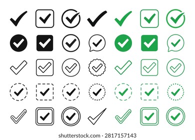 Check tick mark icon set. Cross box x check mark checkbox v list vector draw hand drawn sketch doodle brush marker checklist symbol wrong right circle. Vector Illustration