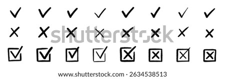 Check tick mark icon set. Cross box x check mark checkbox v list vector draw hand drawn sketch doodle brush marker checklist symbol wrong right circle. Vector Illustration