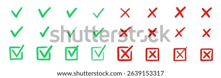 Check tick mark icon set. Cross box x check mark checkbox v list vector draw hand drawn sketch doodle brush marker checklist symbol wrong right circle. Vector Illustration