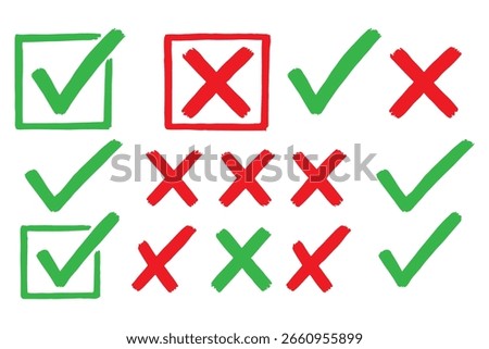 Check tick mark icon set. Cross box x check mark checkbox v list vector draw hand drawn sketch doodle brush marker checklist symbol wrong right circle. Vector Illustration