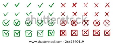 Check tick mark icon set, hand drawn doodle red cross box x check mark green checkbox v, sketch marker checklist symbol right and wrong set - stock vector
