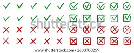Check tick mark icon set, hand drawn doodle red cross box x check mark green checkbox v, sketch marker checklist symbol right and wrong set - for stock