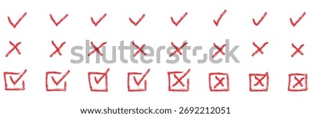 Check tick mark icon set. Cross box x check mark checkbox v list vector draw hand drawn sketch doodle brush marker checklist symbol wrong right circle. Vector Illustration