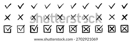 Check tick mark icon set, hand drawn cross box x check mark checkbox v, sketch marker checklist symbol right and wrong set, brush marker checklist symbol